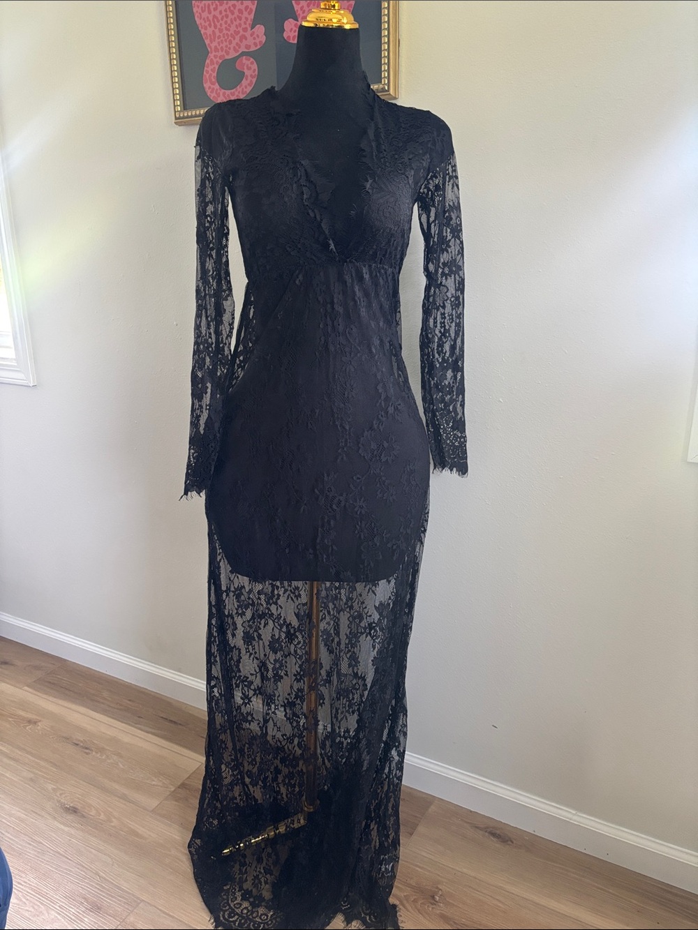 Black Lace Long Sleeve Maxi Dress or Bathing Suit Cover Up- All See Through